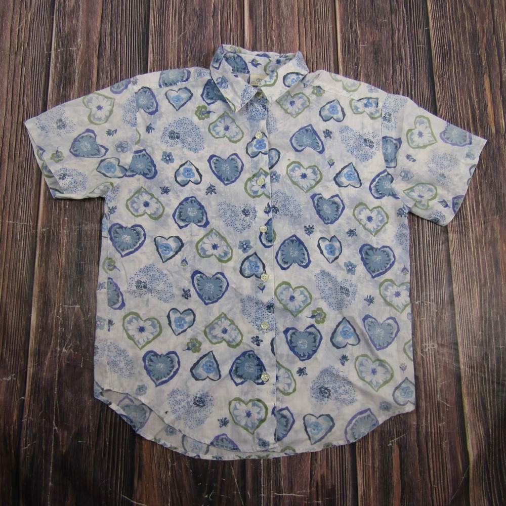 Cascade Blues Button Down Shirt Womens Small Blue Heart Short Sleeve Granny